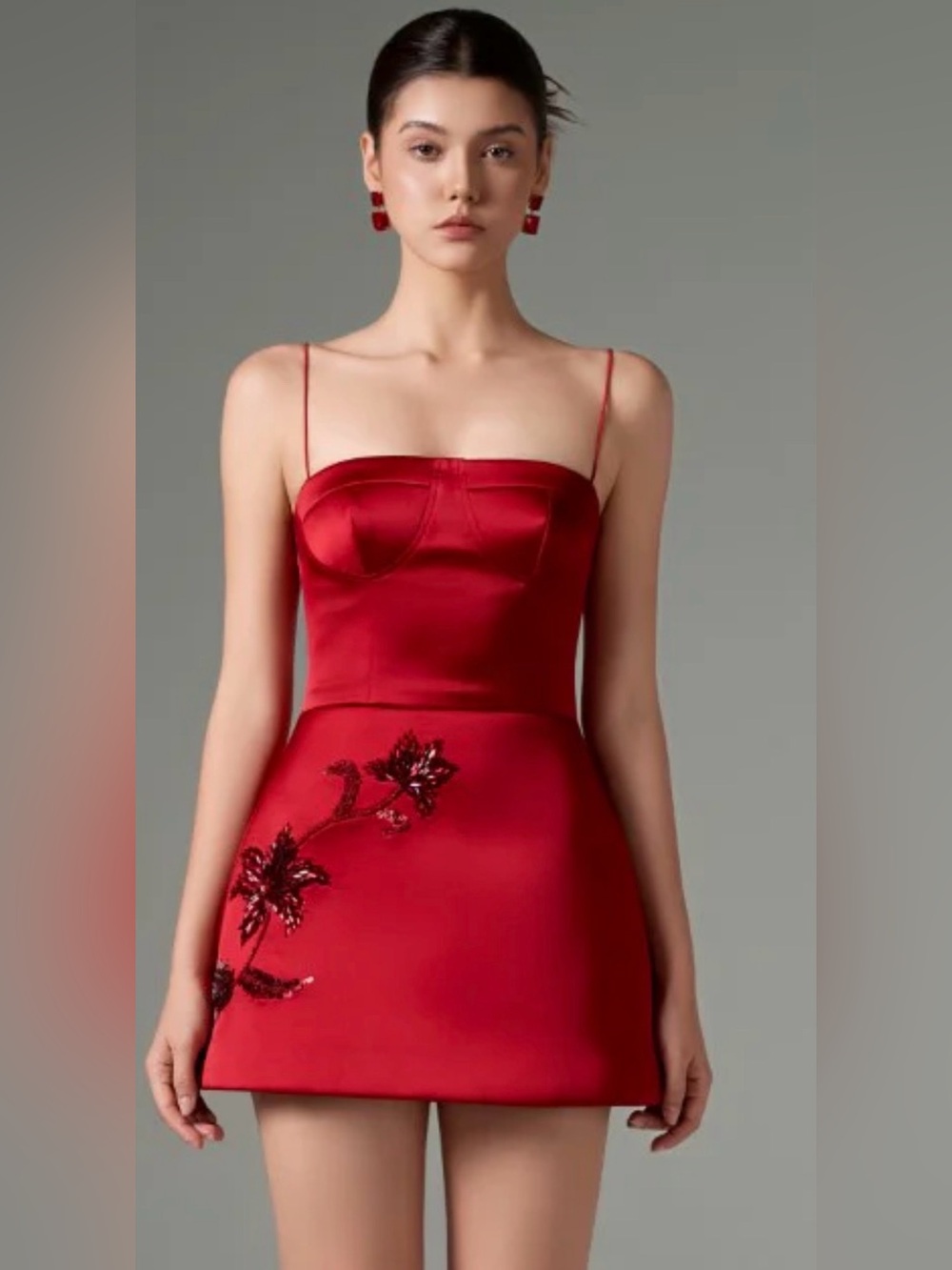 Red Satin Spaghetti-Strap Mini Dress with Sequin Floral Detail